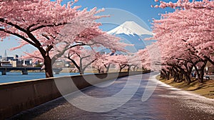 Majestic view of mount fuji with cherry blossoms in full bloom against clear blue sky in japan