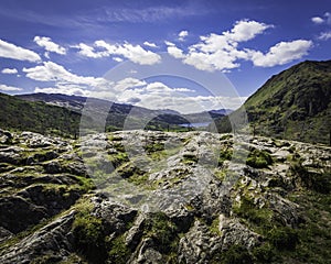 Majestic view on scenic mountain valley with lake in Snowdonia, UK