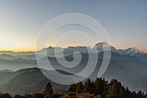 Majestic view of sunset sweeping through Dhaulagiri mountain range from Poon Hill, Ghorepani, Nepal