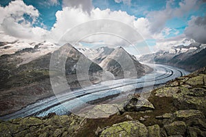 Majestic view to Aletsch glacier, the largest gracier in Alps and UNESCO herritage from Bettmeralp, Valais, Switzerland