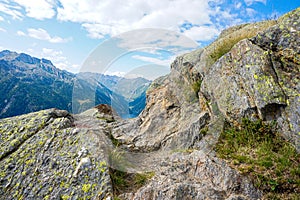 Majestic view to the Lago del Sambuco from a rocky path near Fusio, Switzerland