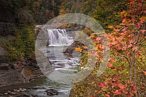 Majestic views of Middle Falls from side trail in early autumn at Letchworth State Park, NY