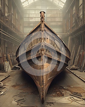 Majestic Vintage Ship Docked in an Abandoned Warehouse, Historic Vessel Restoration, Atmospheric Indoor Nautical Scene