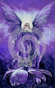 Majestic violet, purple angel in a lotus flower looks up in the radiance to the divine sky