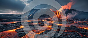 Majestic Volcano Eruption With Lava Flow