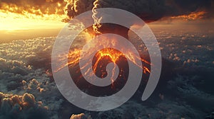 Majestic Volcano Eruption with Pyroclastic Clouds and Lava Flowing Down photo