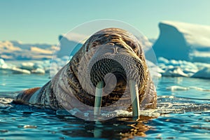 Majestic Walrus Resting on Ice Floe in Arctic Ocean with Glacial Landscape Backdrop