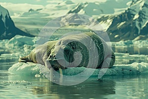 Majestic Walrus Resting on Ice Floe in Arctic Ocean with Glacial Mountains in Background on a Sunny Day