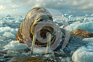 Majestic Walrus Resting on Melting Ice Floes in Arctic Ocean under Cloudy Skies Wildlife Conservation Concept