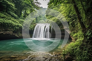 majestic waterfall cascading into crystal-clear river, surrounded by lush greenery