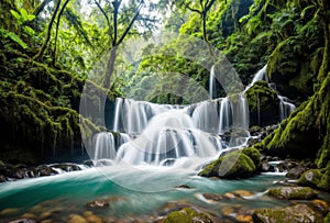 A majestic waterfall cascading down amidst a dense jungle, its rushing waters cutting through lush greenery and creating