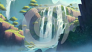 Majestic waterfall cascading down a rocky cliff, generative ai illustration