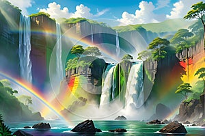 A Majestic Waterfall Cascading Down a Series of Jagged Cliffs, Lush Greenery Enveloping the Rocks