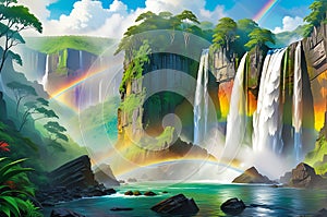 A Majestic Waterfall Cascading Down a Series of Jagged Cliffs, Lush Greenery Enveloping the Rocks