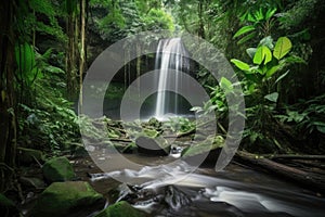 majestic waterfall cascading over lush foliage in jungle paradise