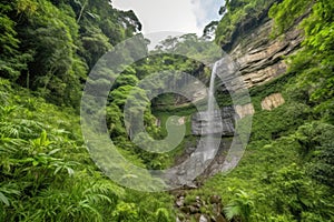 majestic waterfall cascading over rugged cliff face, surrounded by lush greenery