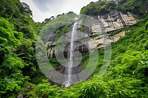 majestic waterfall cascading over rugged cliff face, surrounded by lush greenery