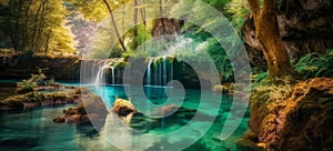 Majestic waterfall dropping from a rocky cliff into a turquoise pool in a vibrant forest