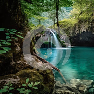 Majestic waterfall dropping from a rocky cliff into a turquoise pool in a vibrant forest