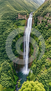 Majestic Waterfall Flowing Down Rocky Canyon Amidst Greenery