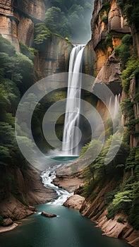 Majestic Waterfall Flowing Down Rocky Canyon Amidst Greenery