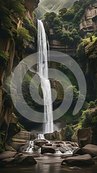 Majestic Waterfall Flowing Down Rocky Canyon Amidst Greenery