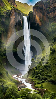 Majestic Waterfall Flowing Down Rocky Canyon Amidst Greenery