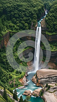 Majestic Waterfall Flowing Down Rocky Canyon Amidst Greenery