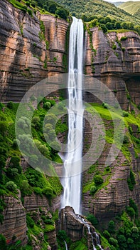 Majestic Waterfall Flowing Down Rocky Canyon Amidst Greenery