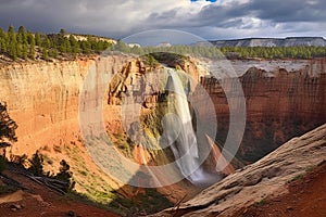 Majestic Waterfall Flowing Over Colorful Rocks in Forested Valley