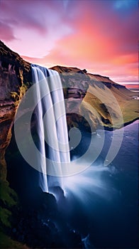 A majestic waterfall in Iceland with a vibrant sunset sky and a long exposure of the water
