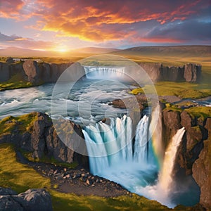 Majestic Waterfall in Lush Landscape at Sunset With Colorful Sky and Vibrant Colors