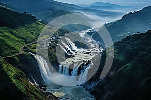 Majestic waterfall in lush wilderness aerial view poster capturing nature s grandeur