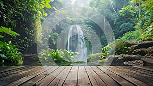 Majestic Waterfall Oasis Viewed from Wooden Deck