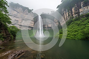 majestic waterfall, plummeting over cliff into misty pool below