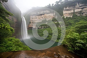 majestic waterfall, plummeting over cliff into misty pool below