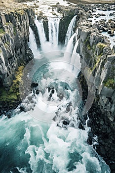 A majestic waterfall plunges into a turquoise pool, surrounded by mossy rocks under a cloudy sky