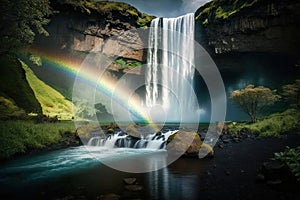 majestic waterfall, with rainbow and clear stream of water, surrounded by lush greenery