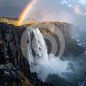 Majestic Waterfall with Rainbow and Dramatic Cliffs