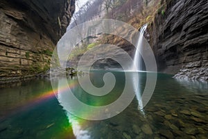 majestic waterfall with rainbow reflection in a deep gorge