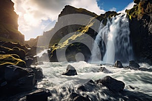 Majestic Waterfall Surges Through Rivers Heart, The perfect view of the famous powerful Gljufrabui cascade in sunlight, A dramatic