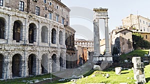 Majestic and well conservated Marcello Teather and Temples of Apollo and Bellona ruins located in historical ancient Rome downtown