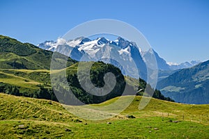 Majestic Wetterhorn peak covered by eternal ice in canton of Bern