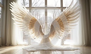 Majestic white angel wings spread wide in a luminous room with sheer curtains, symbolizing freedom, purity, and spiritual