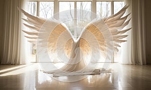 Majestic white angel wings spread wide in a luminous room with sheer curtains symbolizing freedom purity and spiritual