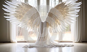 Majestic white angel wings spread wide in a luminous room with sheer curtains symbolizing freedom purity and spiritual