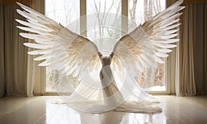 Majestic white angel wings spread wide in a luminous room with sheer curtains symbolizing freedom purity and spiritual