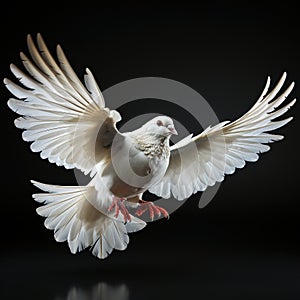 A majestic white bird with wings spread soars gracefully. White isolated