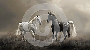 Majestic White and Black Horses in Ethereal Misty Field.