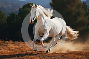 Majestic white coated horse galloping gracefully across the open terrain